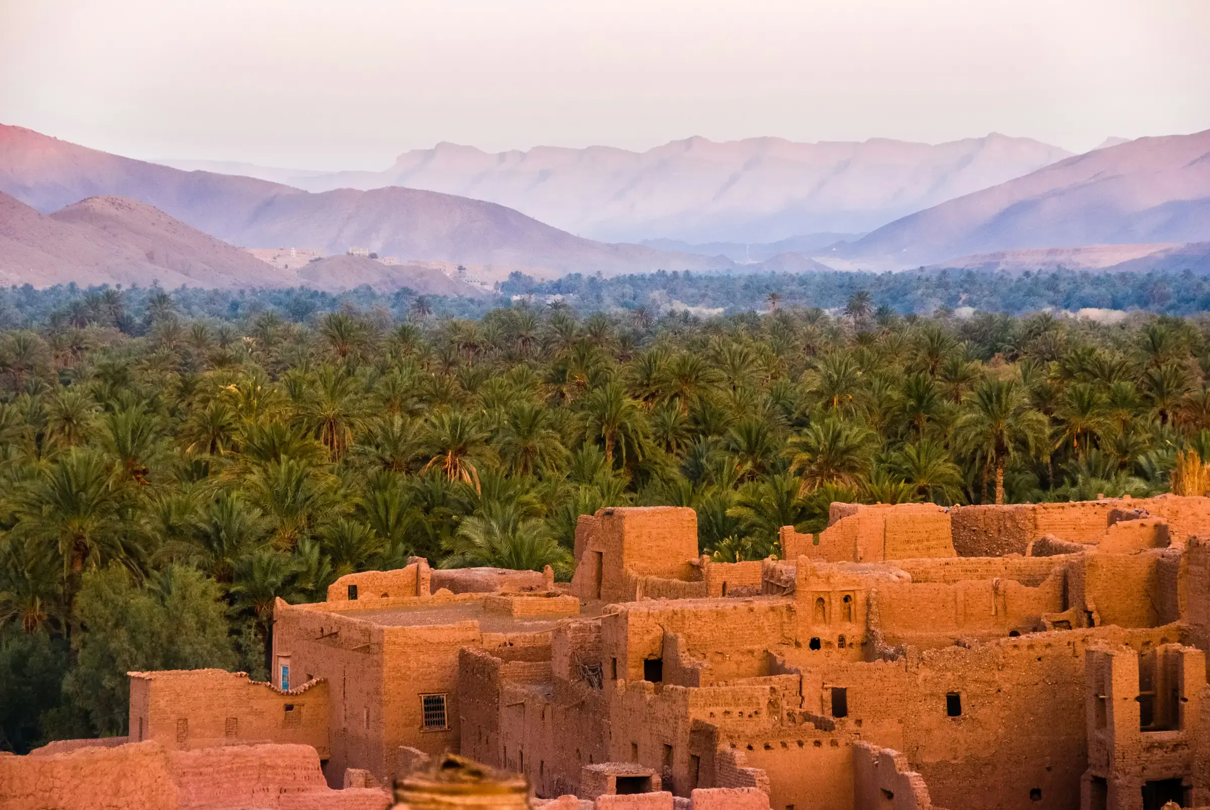 An earth-built kasbah above a palm grove at dusk